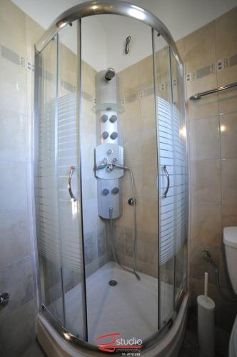a shower with a glass door in a bathroom at Guesthouse 4 Seasons in Árnissa