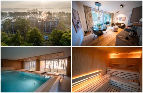a collage of pictures of a house with a swimming pool at My Marina Apartment mit Pool und Sauna am See in Bad Saarow