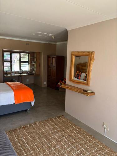 a bedroom with a bed and a mirror on the wall at The Rock & Root Guesthouse Self Catering in Nelspruit