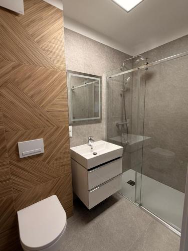 a bathroom with a toilet and a sink and a shower at Baltic Waves Ex LAZUR in Gąski