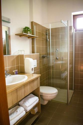 a bathroom with a toilet and a sink and a shower at Levendula Hotel in Algyő