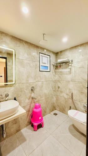 a bathroom with a pink toy in the middle of it at Hotel Roop Cliff, Bhopal in Bhopal
