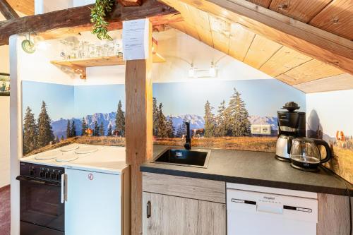a kitchen in a tiny house with a mountain view at Haus Antonia in Wallgau