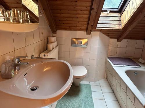 a bathroom with a tub and a toilet and a sink at Neumühle Saar in Mettlach