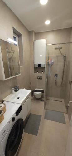 a bathroom with a shower and a toilet and a sink at Apartment Green Lux in Belgrade