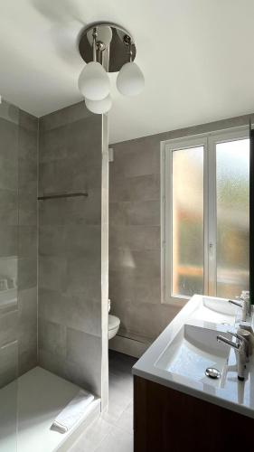 a bathroom with a shower and a sink and a sink at Appartement Jehan de Beauce in Chartres