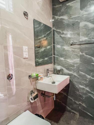 a bathroom with a sink and a toilet and a mirror at Hotel Elephant Park - Most Elephant Bathing View Rooms in Pinnawala in Pinnawala