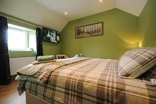 a bedroom with a large bed with green walls at Central House in Shillelagh