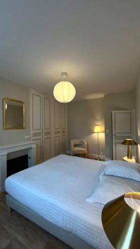 a bedroom with a large white bed and a chandelier at Appartement Jehan de Beauce in Chartres