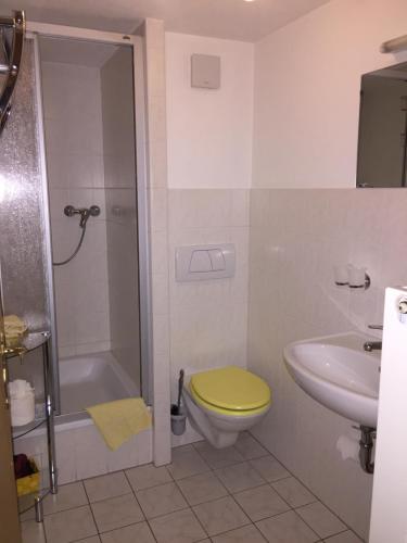 a bathroom with a yellow toilet and a sink at Pension Immergrün in Kurort Jonsdorf
