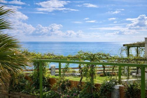 a garden with the ocean in the background at THERETRA KIOTARI VILLAS in Gennadi