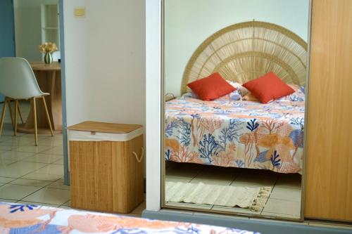 a bedroom with a bed with red pillows and a mirror at Le Frangipanier in La Possession