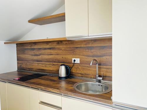 eine Küche mit Spüle und einer Holzwand in der Unterkunft Villa Blanca - Risan in Risan