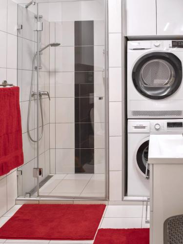 a bathroom with a shower and a washing machine at Kis kertes lakás in Pusztavacs
