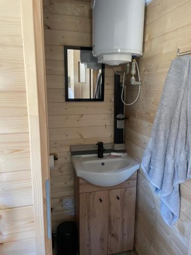 a bathroom with a sink and a mirror at maringotky Šumava in Dlouhá Ves