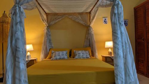a bedroom with a canopy bed with blue curtains at Tsanta lodge in Talata-maty