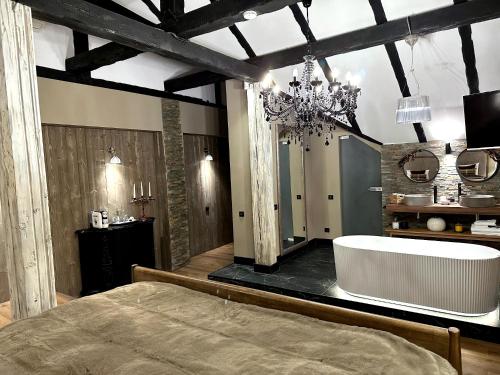 a bedroom with a large bed and a bath tub at Relax in Style Boutique Hotel in Braşov