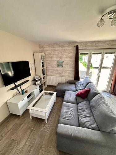 a living room with a gray couch and a tv at Le Petit Orme in Chartres