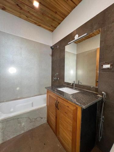 a bathroom with a sink and a mirror and a tub at The Peace Corgaon in Corgao