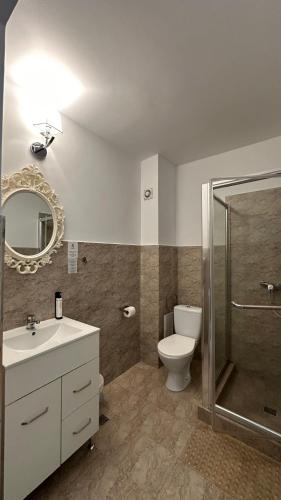 a bathroom with a toilet and a sink and a shower at Riviera 990 - Resort & Restaurant in Eşelniţa