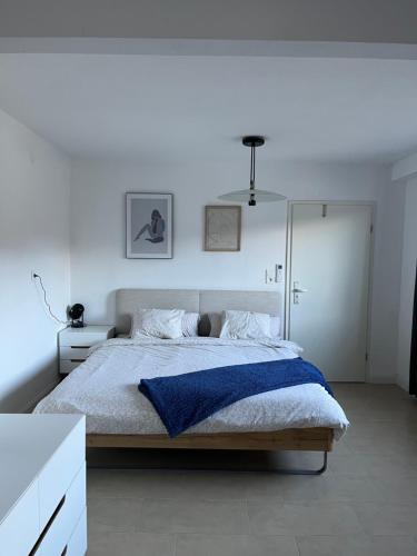 a white bedroom with a bed with a blue blanket at Studio Donau Radweg-Passau 4 km - Klimaanlage, Parkplatz kostenlos, DONAUErlebnis Card in Hinding
