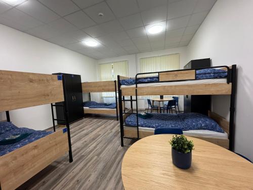 a room with three bunk beds and a table at Leháro in Litoměřice