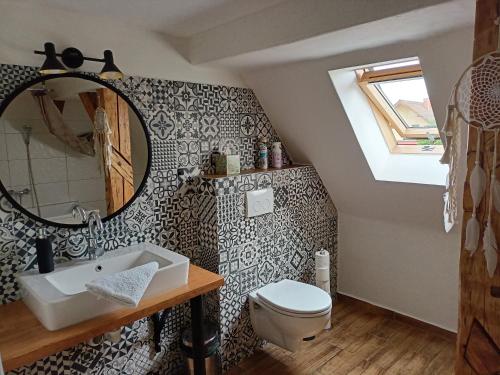 a bathroom with a toilet and a sink and a mirror at Farma U Nýdrlů in Stará Červená Voda