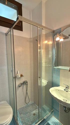 a bathroom with a glass shower and a sink at The Jasmine Hill in Aegenitissa