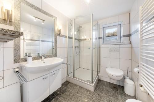 a bathroom with a shower sink and a toilet at Vierfuss 1A in Hörnum
