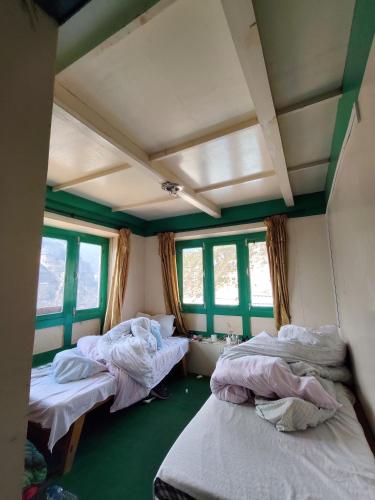 two beds in a room with green walls and windows at Hill-Ten in Namche