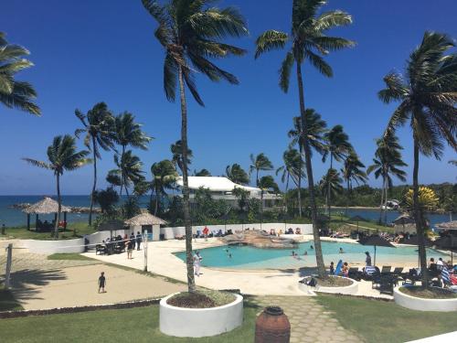 a pool at a resort with palm trees and people at The Pearl South Pacific Resort, Spa & Golf Course in Pacific Harbour