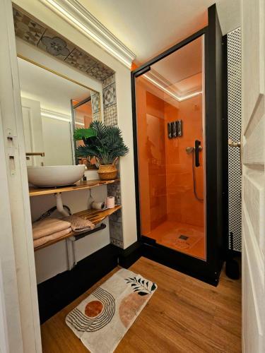a bathroom with a shower and a sink at Studio cosy - Porte de Genève & Voie Verte in Ambilly