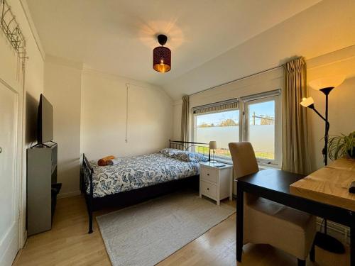 a bedroom with a bed and a desk and a window at Nijmegen Cozy Guest Rooms in Nijmegen