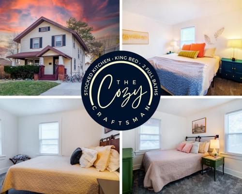 a collage of pictures of a room with two beds and a house at King Bed, Stocked Kitchen, Easy Driveway Parking, 2mi to Downtown & Coliseum in Fort Wayne