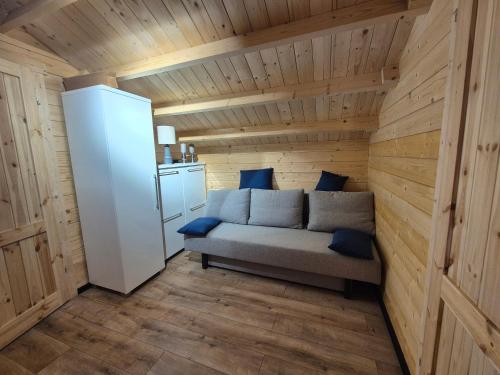 a small room with a couch in a wooden cabin at Domek Dolina Żurawia in Borzynowo