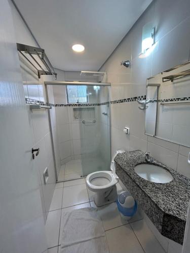 a bathroom with a shower and a toilet and a sink at Hotel Santa Clara in Aparecida