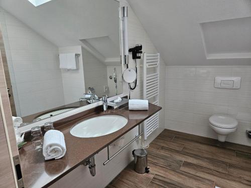 a bathroom with a sink and a toilet at Hotel Zum Holländer in Lindlar