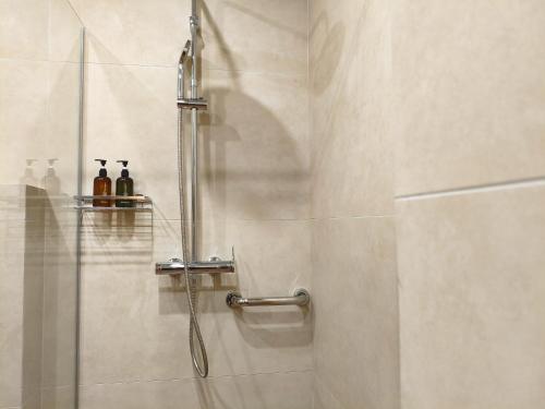 a shower in a bathroom with a glass door at Meteora Gaia in Kastraki