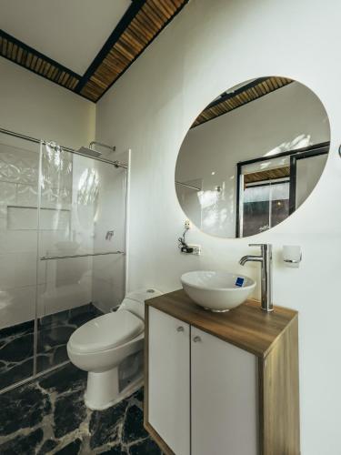 a bathroom with a toilet and a sink and a mirror at Hotel Terra Tacuara in Armenia