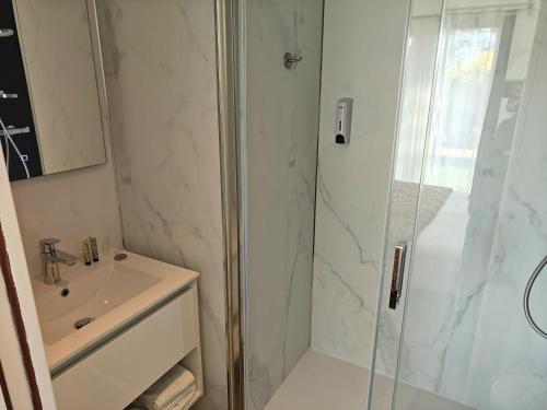 ein Badezimmer mit Dusche und Waschbecken in der Unterkunft Hôtel Le Trécelin in Frehel