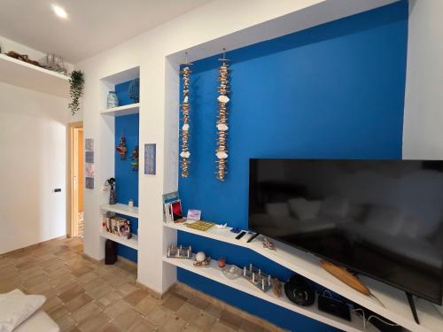 a living room with a blue wall with a flat screen tv at Bedda Mia - Lipari in Lipari