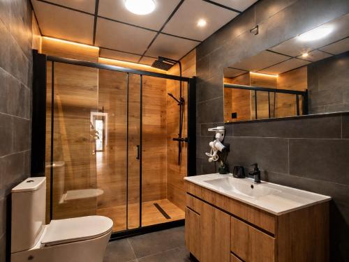 a bathroom with a shower and a sink and a toilet at Ohana Boutique Málaga Centro in Málaga