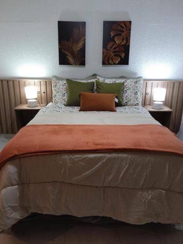 a bedroom with a large bed with two lamps at Hotel Borza Carneiro in Piraí do Sul