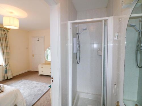 a bathroom with a shower with a glass door at Lugdine Lodge in Glengarriff