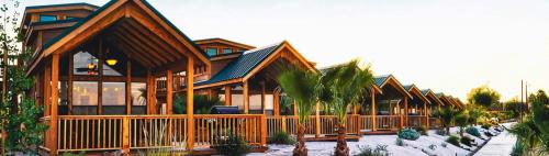 a row of houses with palm trees in front of them at Pirate Cove Resort in Needles