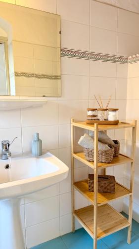 a bathroom with a sink and a white sink at Captains Garden House in Katavatí