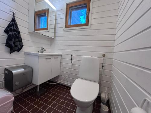 a bathroom with a white toilet and a sink at Vuonamo - Summer cottage in Keitele