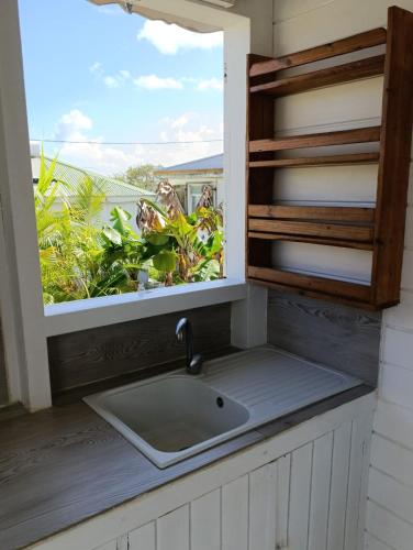 a sink in a kitchen with a window at Chez Patrick in Sainte-Rose