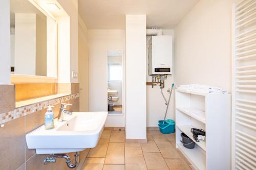 a bathroom with a sink and a mirror at Dat lütte Huus - Wohnung 2 in Husum