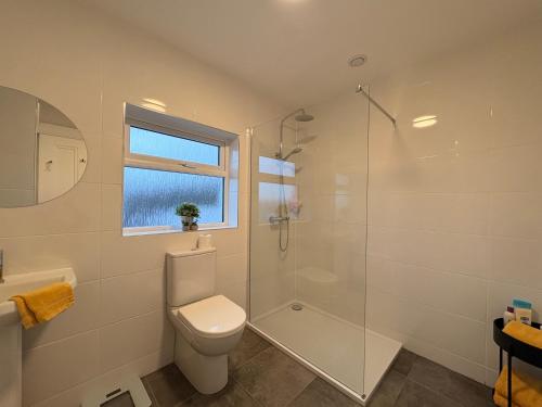 a bathroom with a toilet and a glass shower at The Townhouse Dungloe in Dungloe